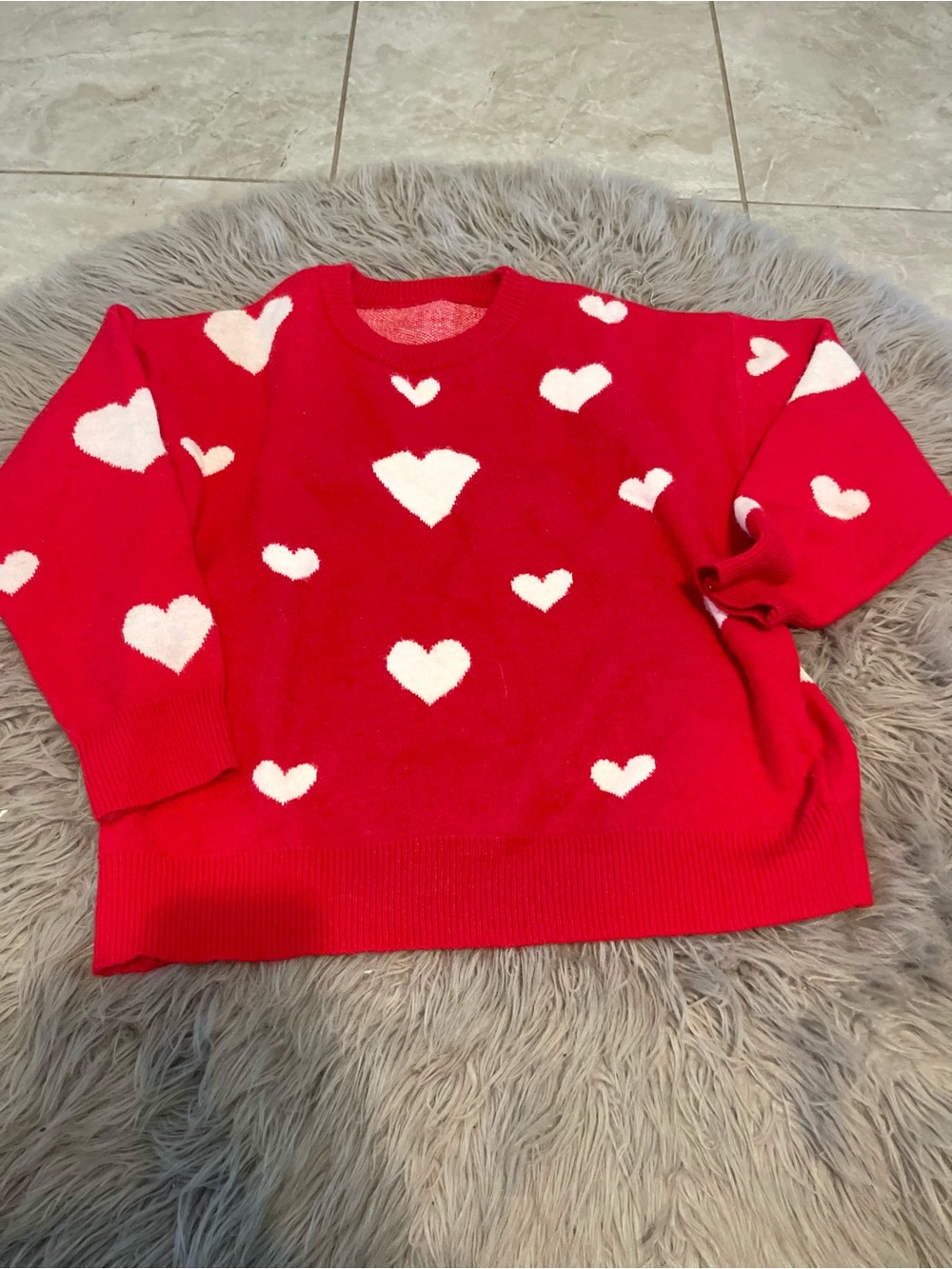 SHEIN Red Crewneck Sweater with White Heart Motifs